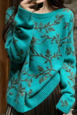 Unique Blue O Neck Thick Floral Knit Sweaters Winter