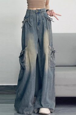 Unique Blue Oversized Pockets Denim Wide Leg Pants Spring