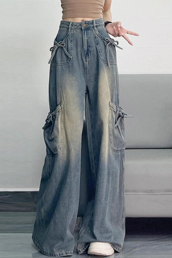 Unique Blue Oversized Pockets Denim Wide Leg Pants Spring