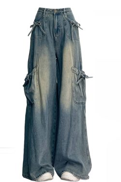 Unique Blue Oversized Pockets Denim Wide Leg Pants Spring