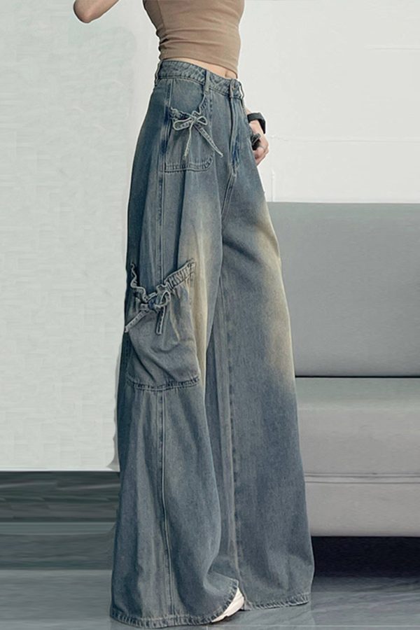 Unique Blue Oversized Pockets Denim Wide Leg Pants Spring