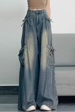 Unique Blue Oversized Pockets Denim Wide Leg Pants Spring