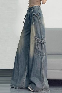 Unique Blue Oversized Pockets Denim Wide Leg Pants Spring