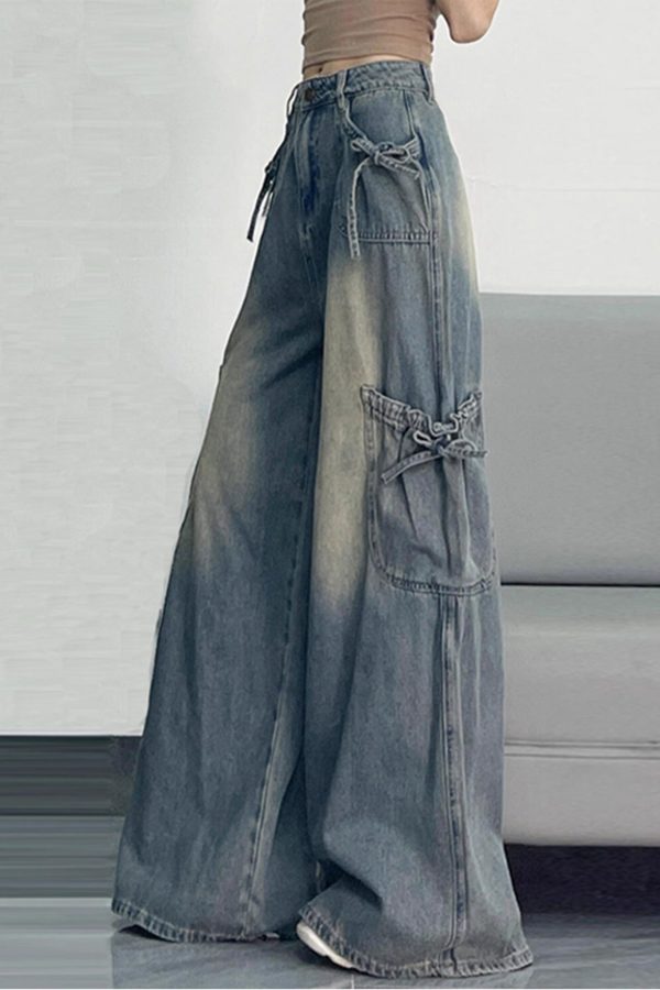 Unique Blue Oversized Pockets Denim Wide Leg Pants Spring
