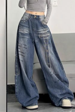 Unique Blue Oversized Rivet Warm Fleece Denim Pants Winter