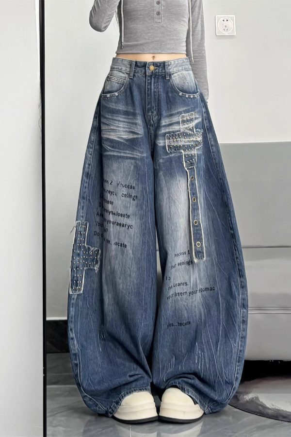 Unique Blue Oversized Rivet Warm Fleece Denim Pants Winter