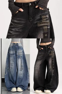 Unique Blue Oversized Rivet Warm Fleece Denim Pants Winter