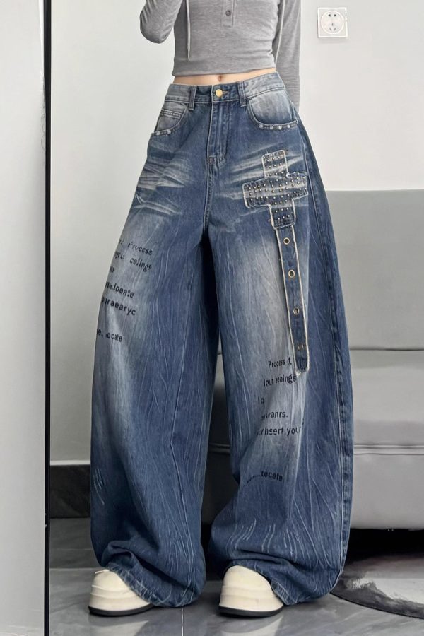 Unique Blue Oversized Rivet Warm Fleece Denim Pants Winter