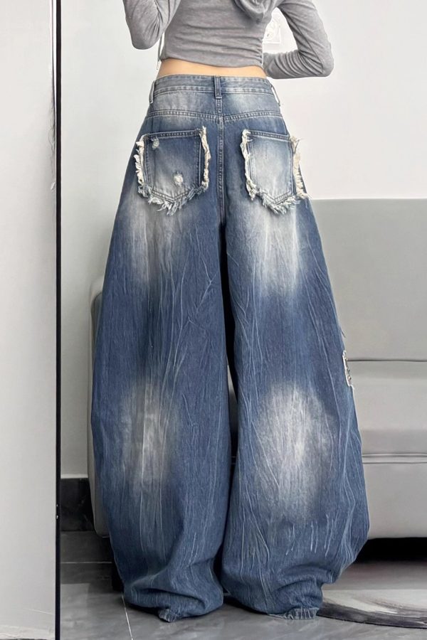 Unique Blue Oversized Rivet Warm Fleece Denim Pants Winter