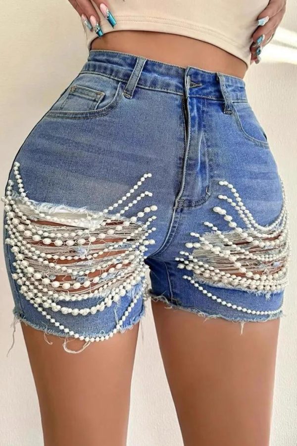 Unique Blue Patchwork Pearl Tassel Ripped Denim Shorts Summer