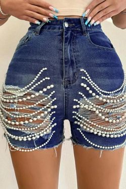 Unique Blue Patchwork Pearl Tassel Ripped Denim Shorts Summer