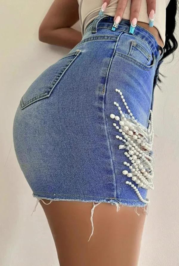 Unique Blue Patchwork Pearl Tassel Ripped Denim Shorts Summer