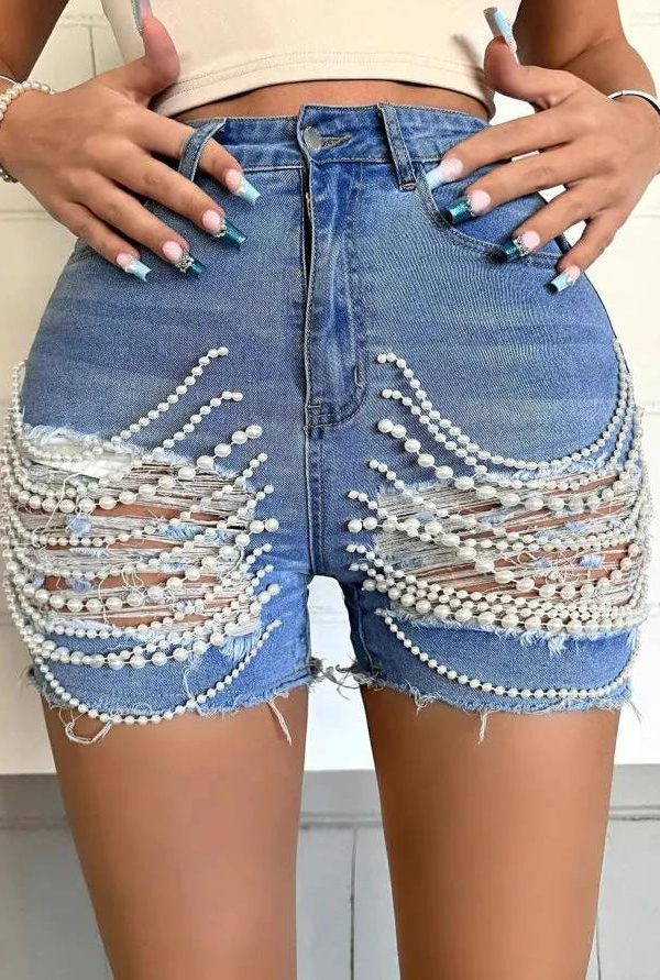 Unique Blue Patchwork Pearl Tassel Ripped Denim Shorts Summer