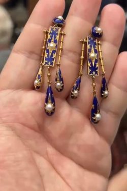 Unique Blue Sterling Silver Overgild Cloisonne Eight-Pointed Star Pearl Tassel Drop Earring