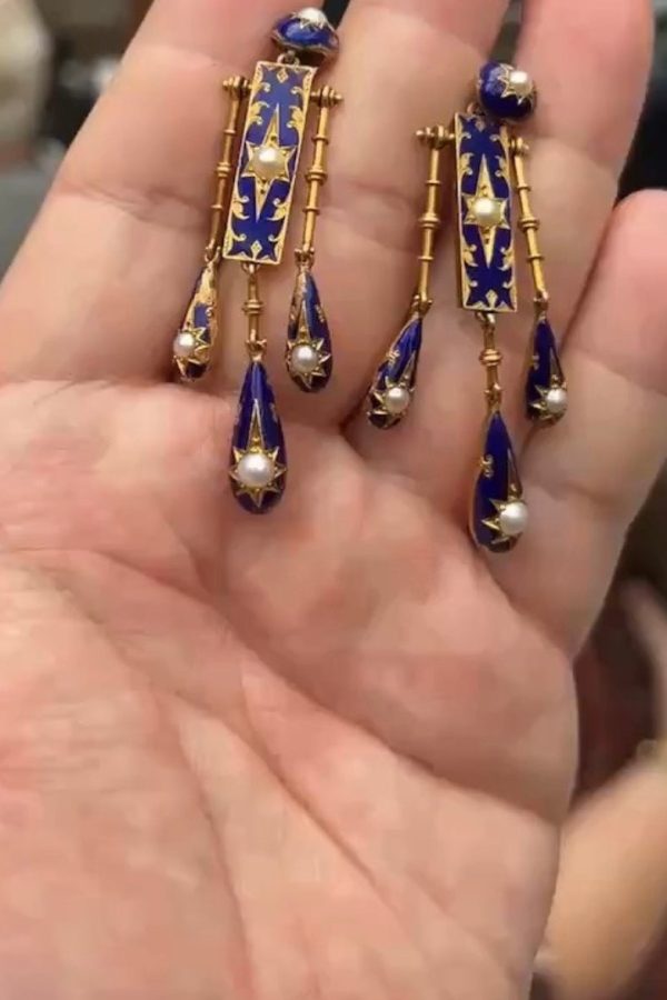 Unique Blue Sterling Silver Overgild Cloisonne Eight-Pointed Star Pearl Tassel Drop Earring