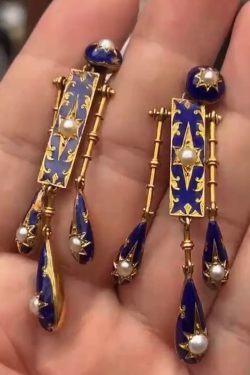 Unique Blue Sterling Silver Overgild Cloisonne Eight-Pointed Star Pearl Tassel Drop Earring