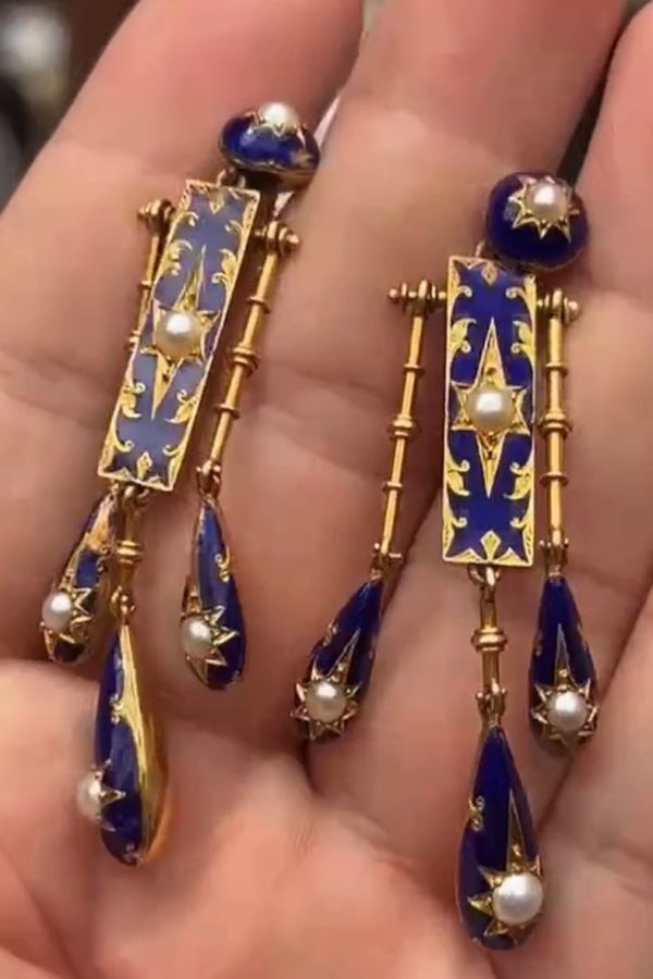 Unique Blue Sterling Silver Overgild Cloisonne Eight-Pointed Star Pearl Tassel Drop Earring