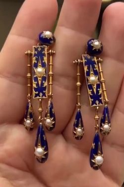 Unique Blue Sterling Silver Overgild Cloisonne Eight-Pointed Star Pearl Tassel Drop Earring
