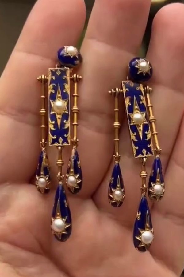 Unique Blue Sterling Silver Overgild Cloisonne Eight-Pointed Star Pearl Tassel Drop Earring