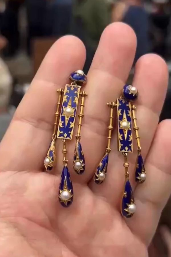 Unique Blue Sterling Silver Overgild Cloisonne Eight-Pointed Star Pearl Tassel Drop Earring