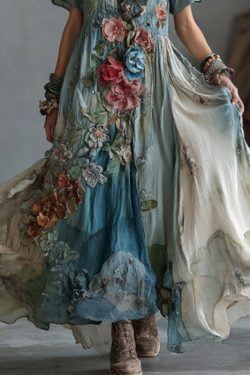 Unique Blue V Neck Tie Dye Floral Cotton Maxi Dress Summer