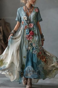 Unique Blue V Neck Tie Dye Floral Cotton Maxi Dress Summer