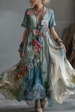 Unique Blue V Neck Tie Dye Floral Cotton Maxi Dress Summer
