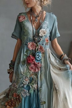 Unique Blue V Neck Tie Dye Floral Cotton Maxi Dress Summer