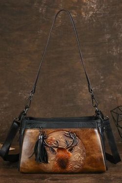 Unique Brown Animal Embossed Calf Leather Messenger Bag