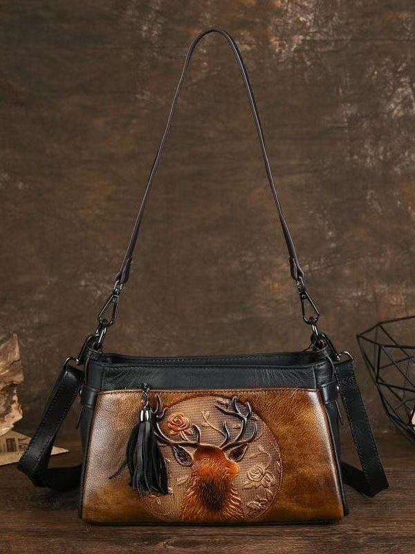 Unique Brown Animal Embossed Calf Leather Messenger Bag