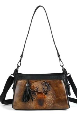 Unique Brown Animal Embossed Calf Leather Messenger Bag