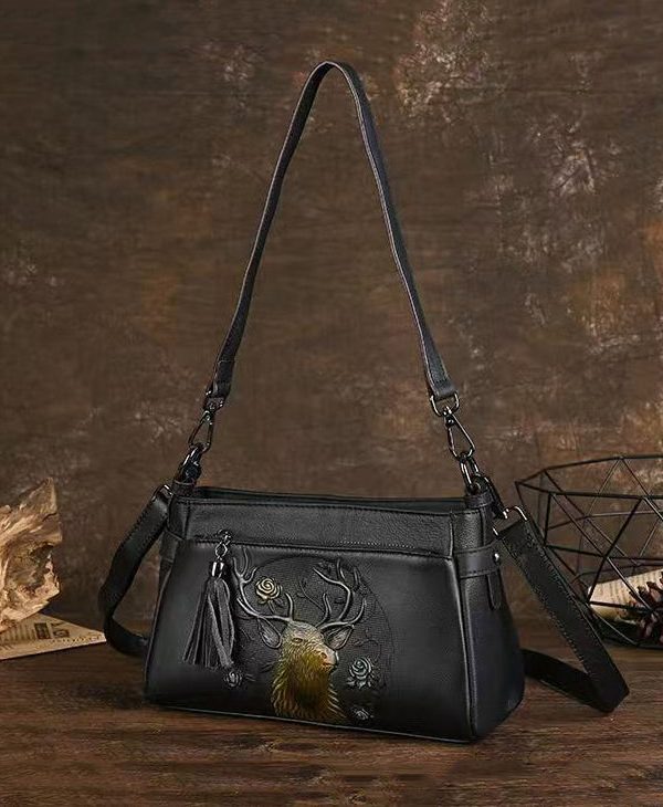 Unique Brown Animal Embossed Calf Leather Messenger Bag