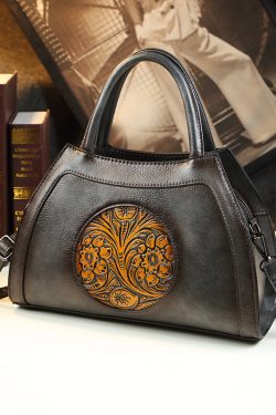 Unique Brown Floral Durable Calf Leather Tote Handbag