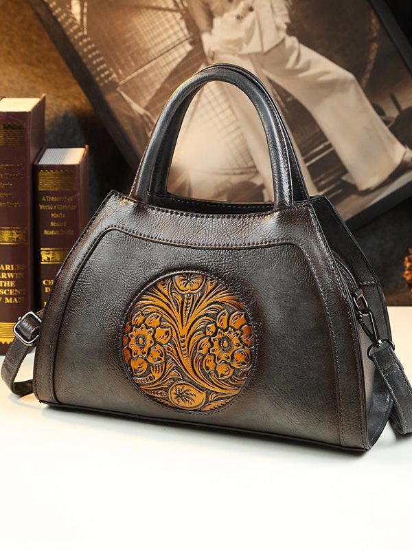 Unique Brown Floral Durable Calf Leather Tote Handbag