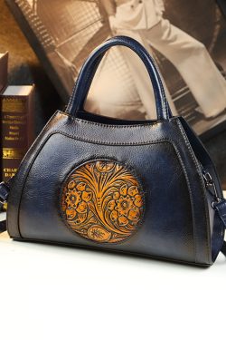 Unique Brown Floral Durable Calf Leather Tote Handbag