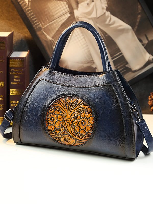 Unique Brown Floral Durable Calf Leather Tote Handbag
