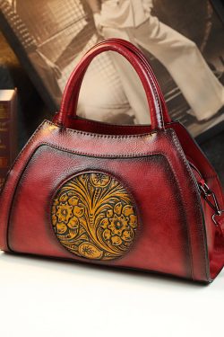 Unique Brown Floral Durable Calf Leather Tote Handbag