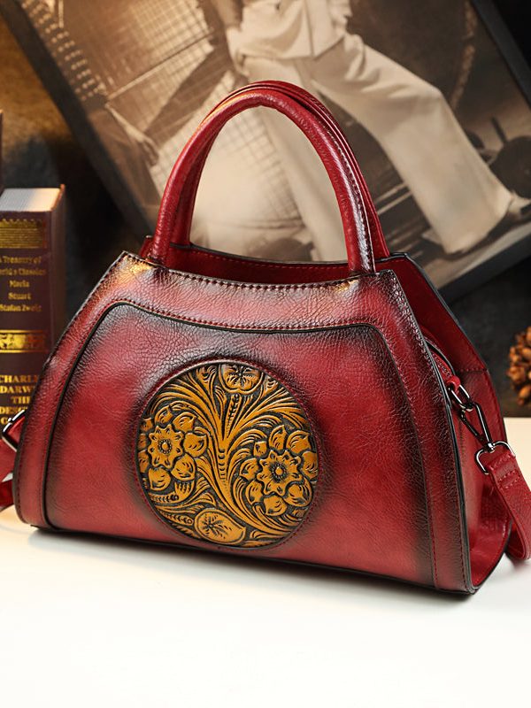 Unique Brown Floral Durable Calf Leather Tote Handbag