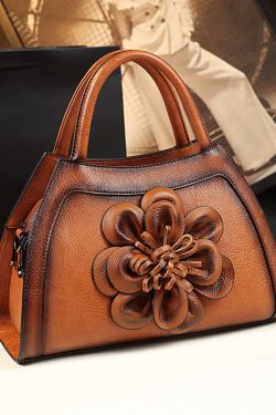 Unique Brown Floral Durable Calf Leather Tote Handbag