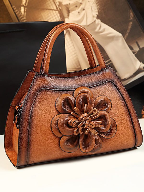 Unique Brown Floral Durable Calf Leather Tote Handbag