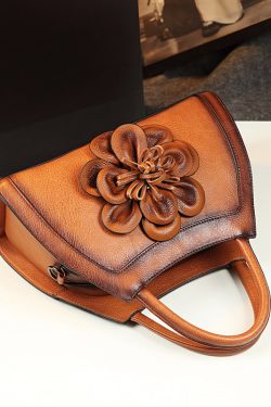 Unique Brown Floral Durable Calf Leather Tote Handbag