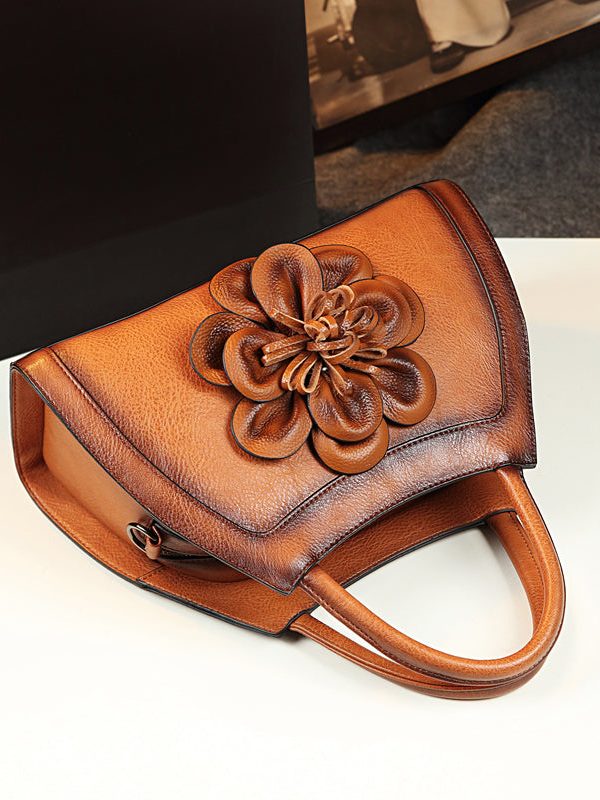 Unique Brown Floral Durable Calf Leather Tote Handbag