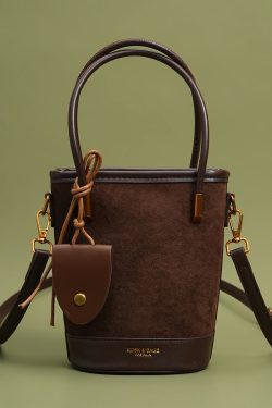 Unique Brown Large Capacity Patchwork Faux Leather Bucket Bag