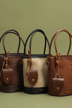 Unique Brown Large Capacity Patchwork Faux Leather Bucket Bag
