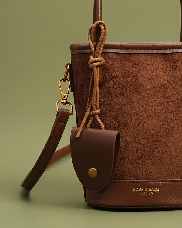 Unique Brown Large Capacity Patchwork Faux Leather Bucket Bag