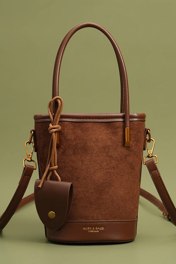 Unique Brown Large Capacity Patchwork Faux Leather Bucket Bag