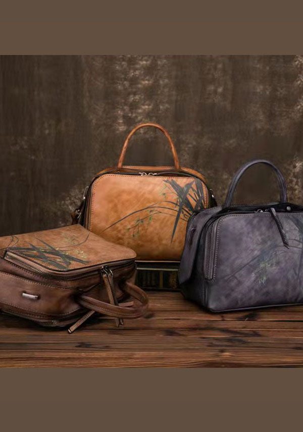 Unique Brown Print Paitings Leather Tote Handbag
