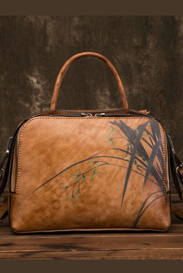 Unique Brown Print Paitings Leather Tote Handbag
