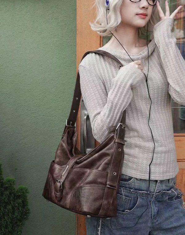 Unique Brown Versatile Calf Leather Satchel Handbag