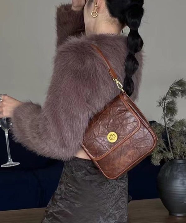 Unique Brown Wrinkled Faux Leather Versatile Micro Bag
